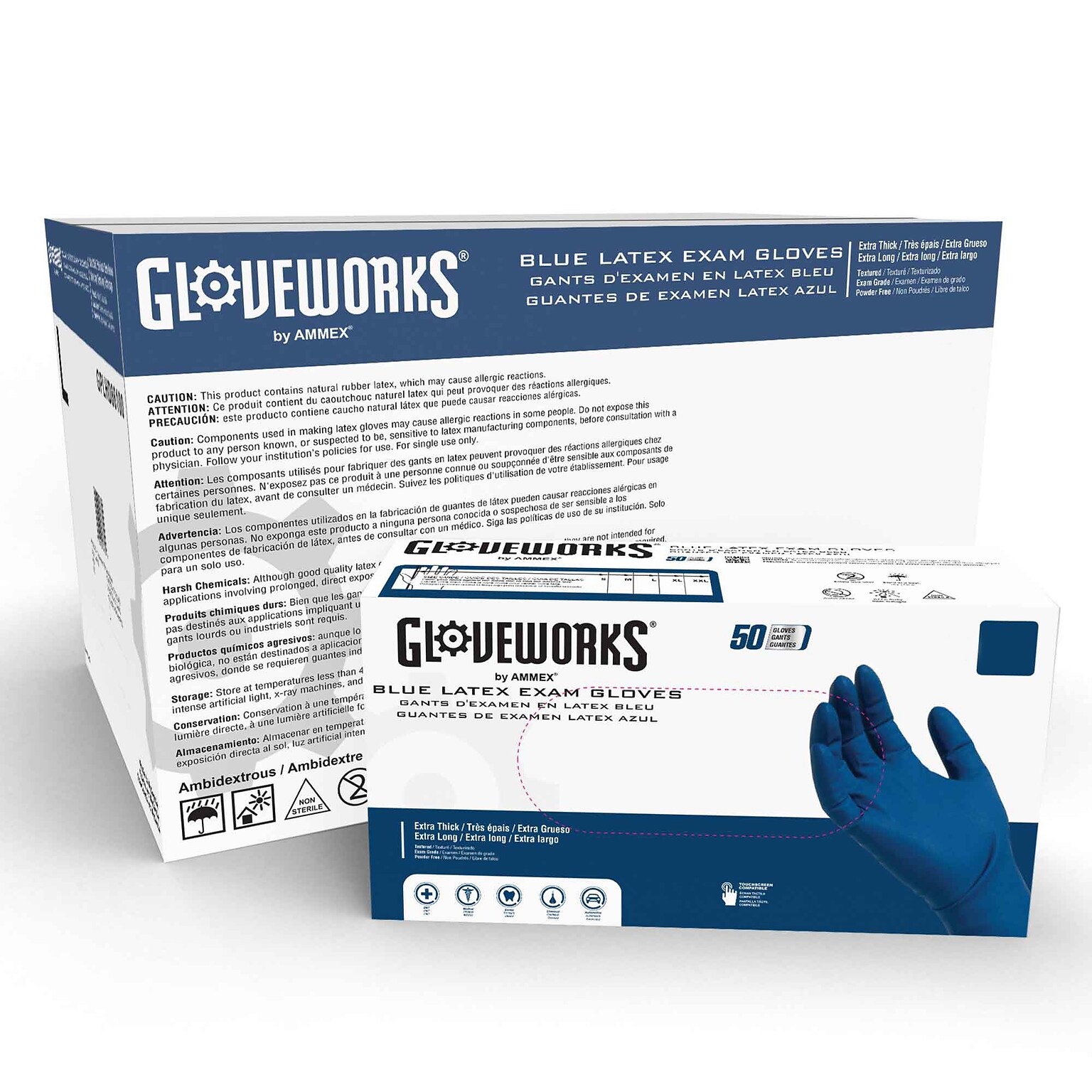 GloveWorks Powder Free Latex Food Safe Exam Gloves, Large, Blue, 50 Gloves/Box, 10 Boxes/Carton (GPLHD86100XX)