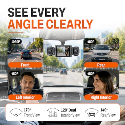 QORVIK K120 4-Channel Dash Cam with Front, Rear, and Dual Adjustable Interior Cameras and WiFi Connectivity, Black (QDCK120)