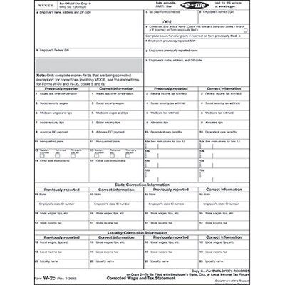 W-2c Statement Of Corrected Income Form; Copy C for Employee Records or Copy 2 State Copy