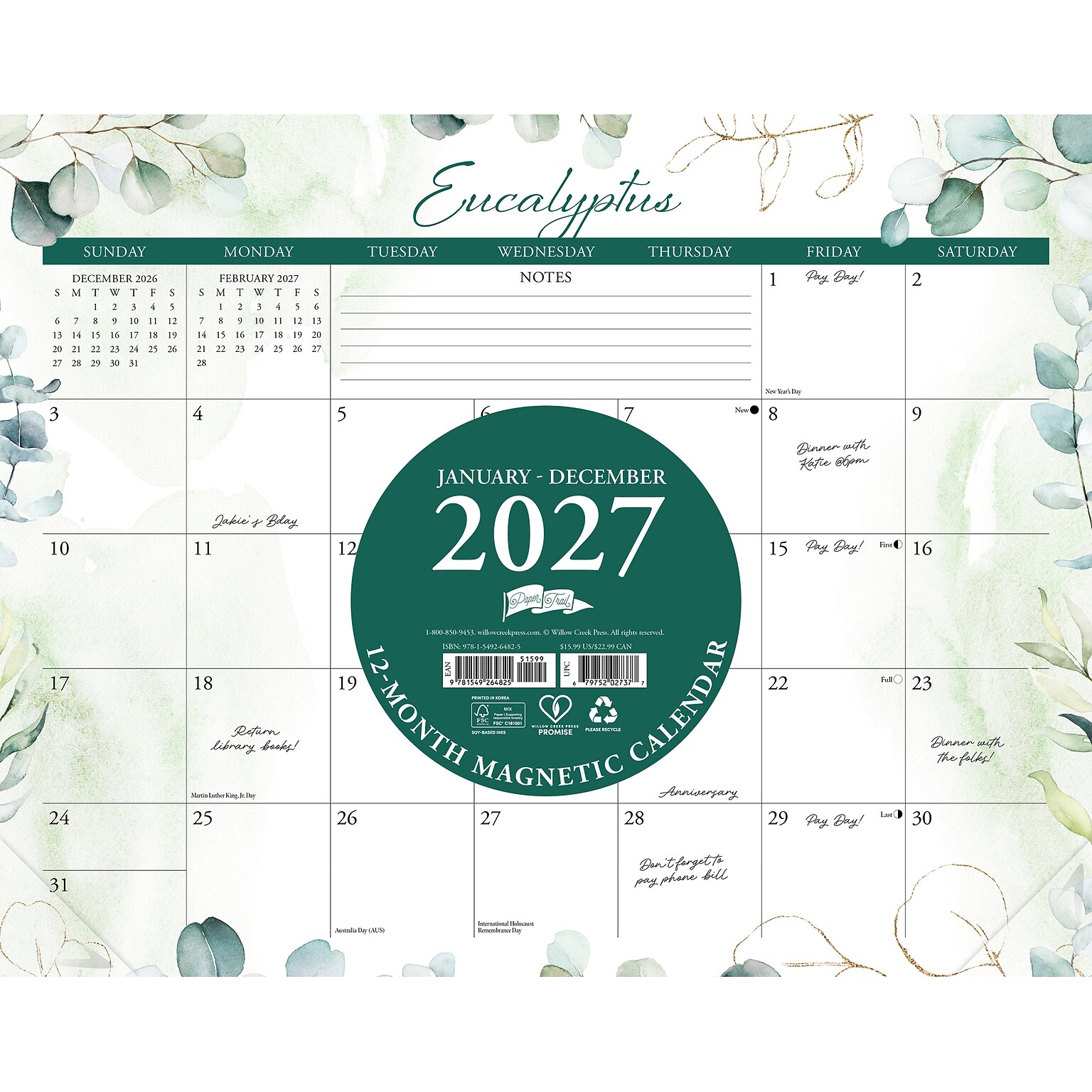 2027 Willow Creek Eucalyptus 14.25 x 11.25 Monthly Wall Calendar, Assorted Colors (64825)