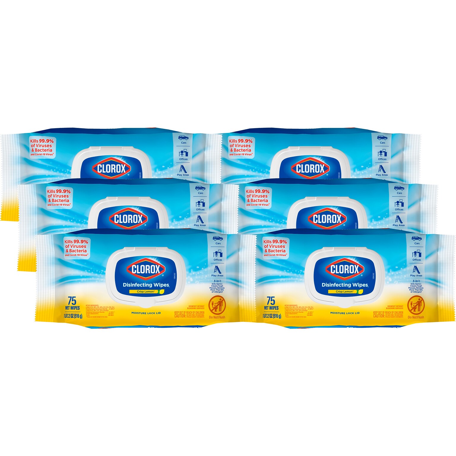 Clorox Disinfecting Wipes, Lemon Scent, 75 Wipes/Container, 6/Carton (31404CT)