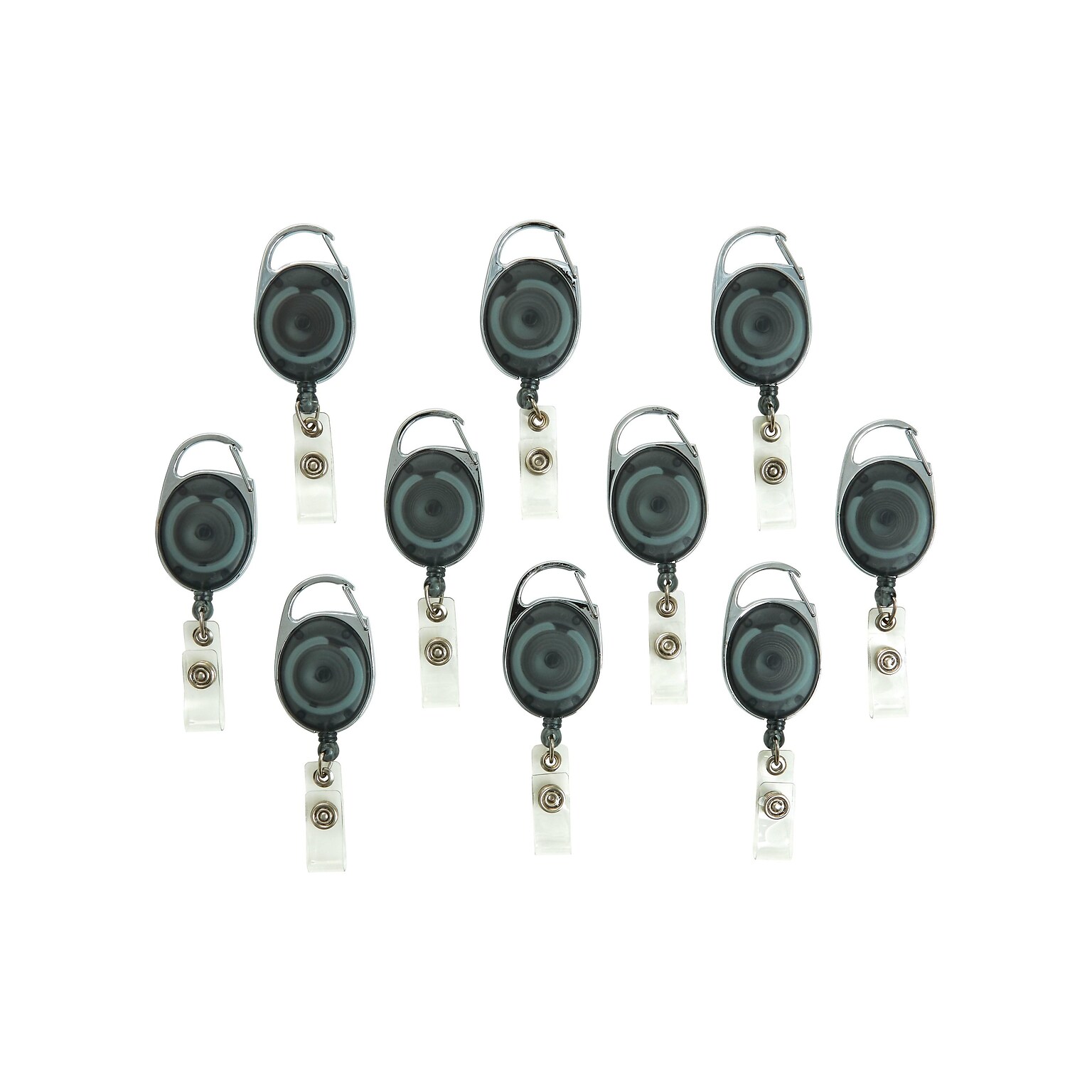 Staples Carabiner Name Tag Reel Clips, Smoke, Retractable Cord, Metal Carabiner Clip for Secure ID Badge Access, 10/Pack