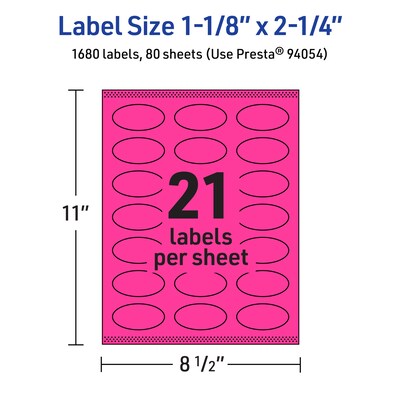 Avery Laser/Inkjet Oval Multipurpose Labels, 1-1/8" x 2-1/4", Neon Magenta, 1680/Box (94054)