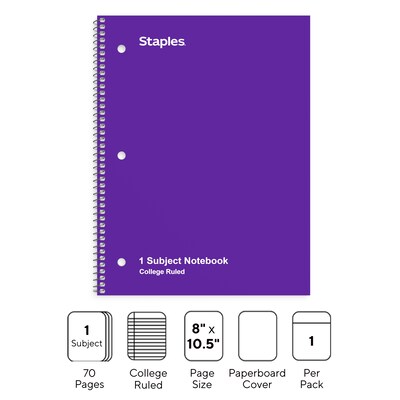 Staples 1-Subject Notebook, 8" x 10.5", College Ruled, 70 Sheets, Purple (TR27501)