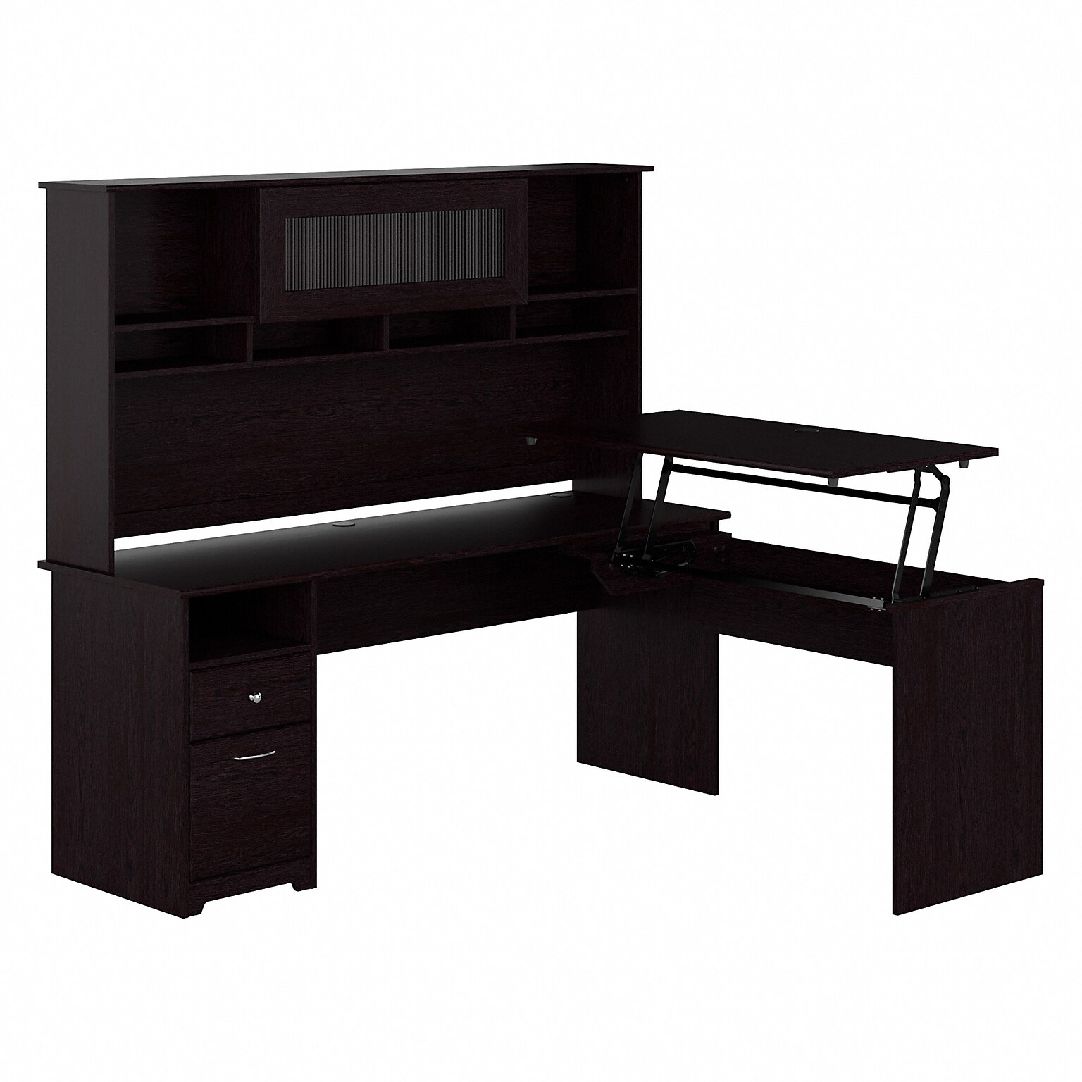 Bush Furniture Cabot 72W 3 Position Sit to Stand L Shaped Desk with Hutch, Espresso Oak (CAB052EPO)