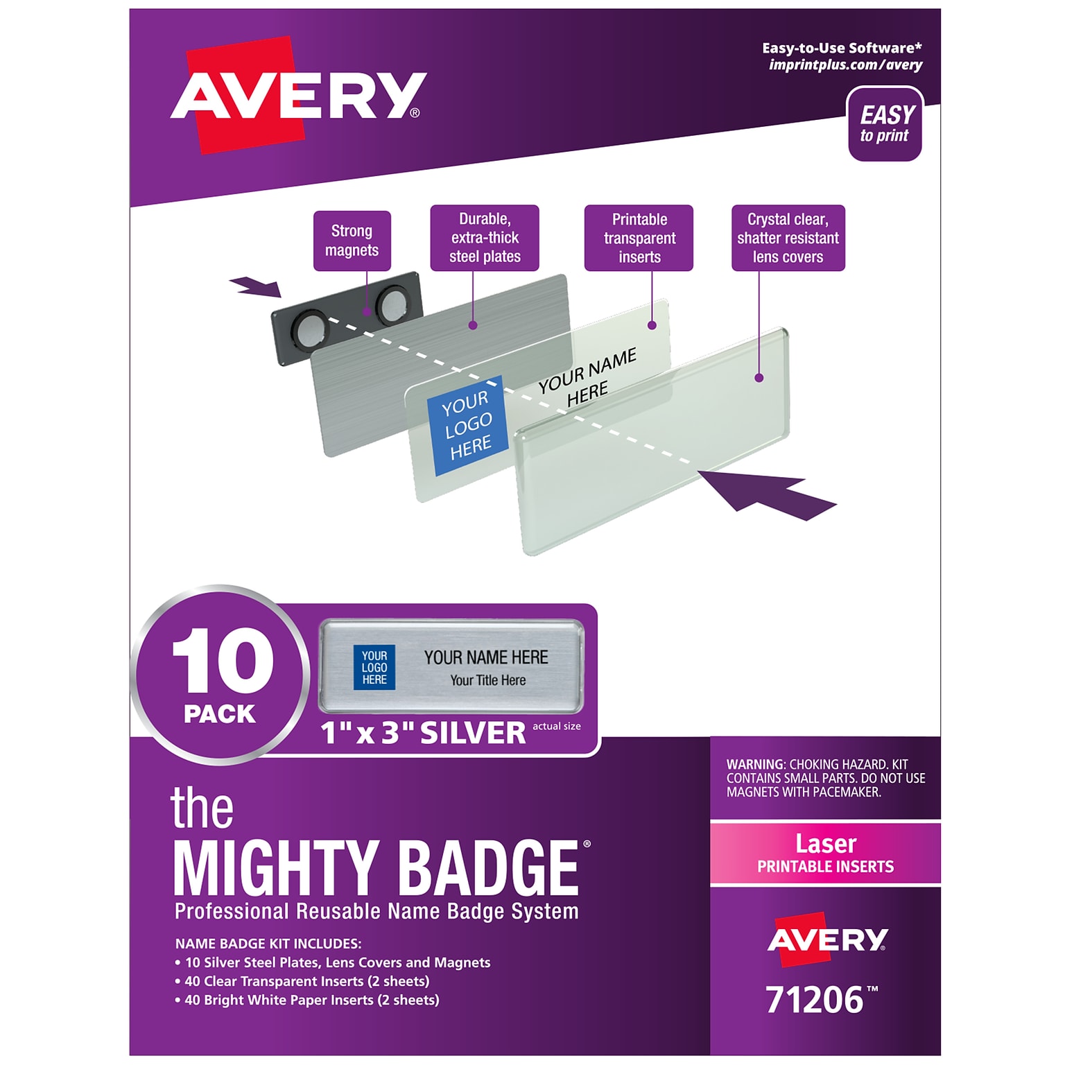 Avery The Mighty Badge Laser Reusable  Magnetic Name Badge System, 1 x 3, Silver, 80 Inserts, 10/Pack (71206)