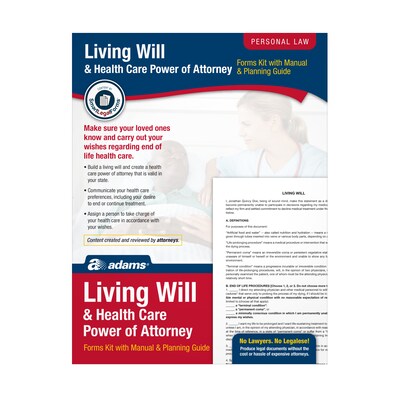 Adams Living Will & Health Care POA Forms and Instructions Kit, 11.69" x 8.88" (ABF K306)