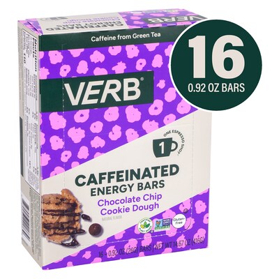 VERB Caffeinated Gluten Free Chocolate Chip Cookie Dough Energy Bar, 0.92 oz., 16/Pack (220-02525)