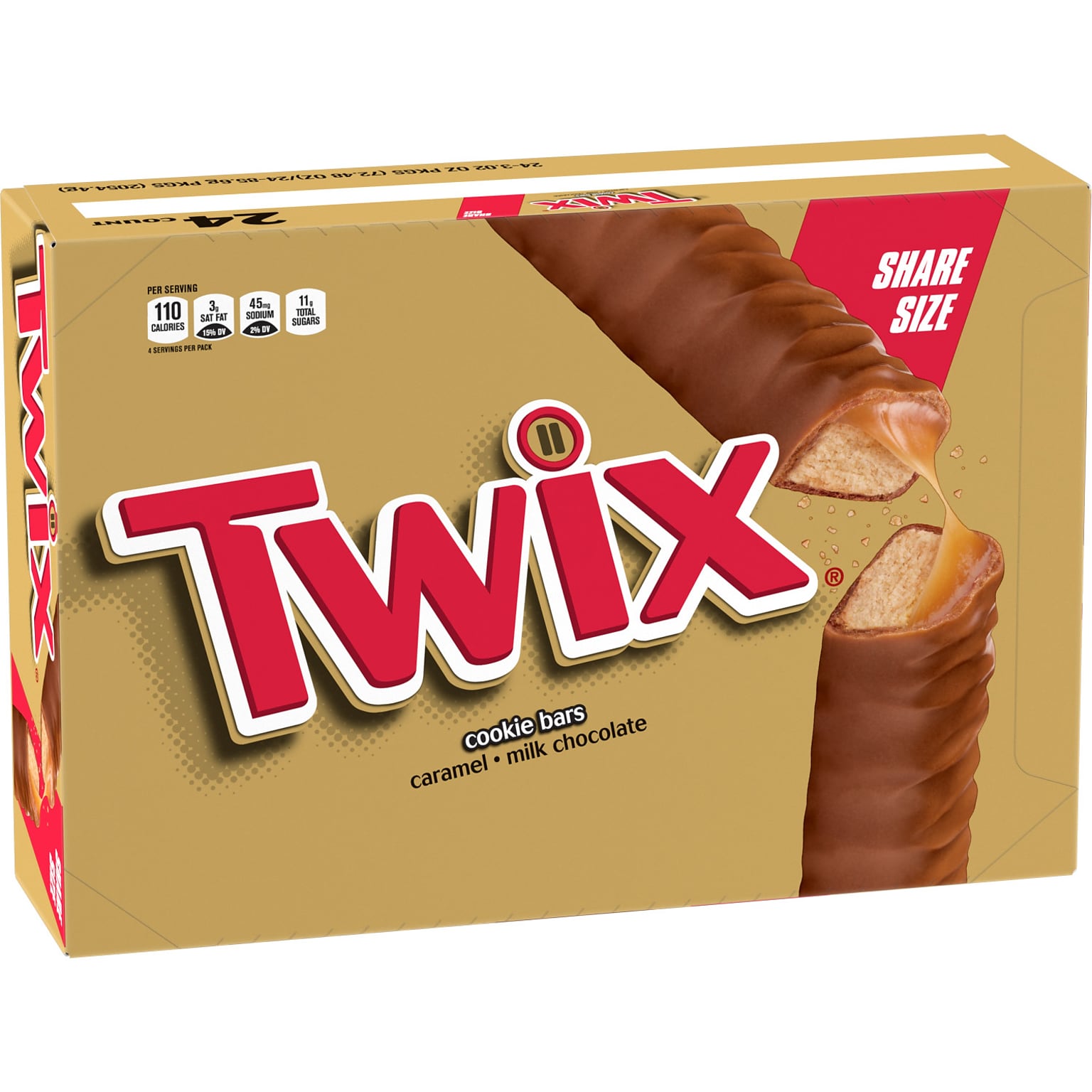 Twix Caramel Sharing Size Chocolate Cookie Bar Candy, 3.02 oz Bar, Pack of 24 (MMM35387)
