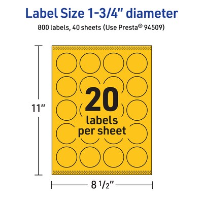 Avery Laser/Inkjet Round Multipurpose Labels, 1.75" Dia., Bright Yellow, 800/Pack (94509)
