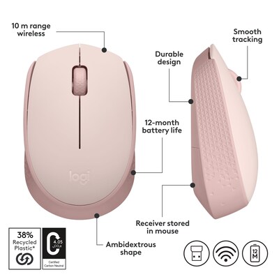 Logitech M170 Wireless Ambidextrous Optical Mouse, Rose (910-006862)