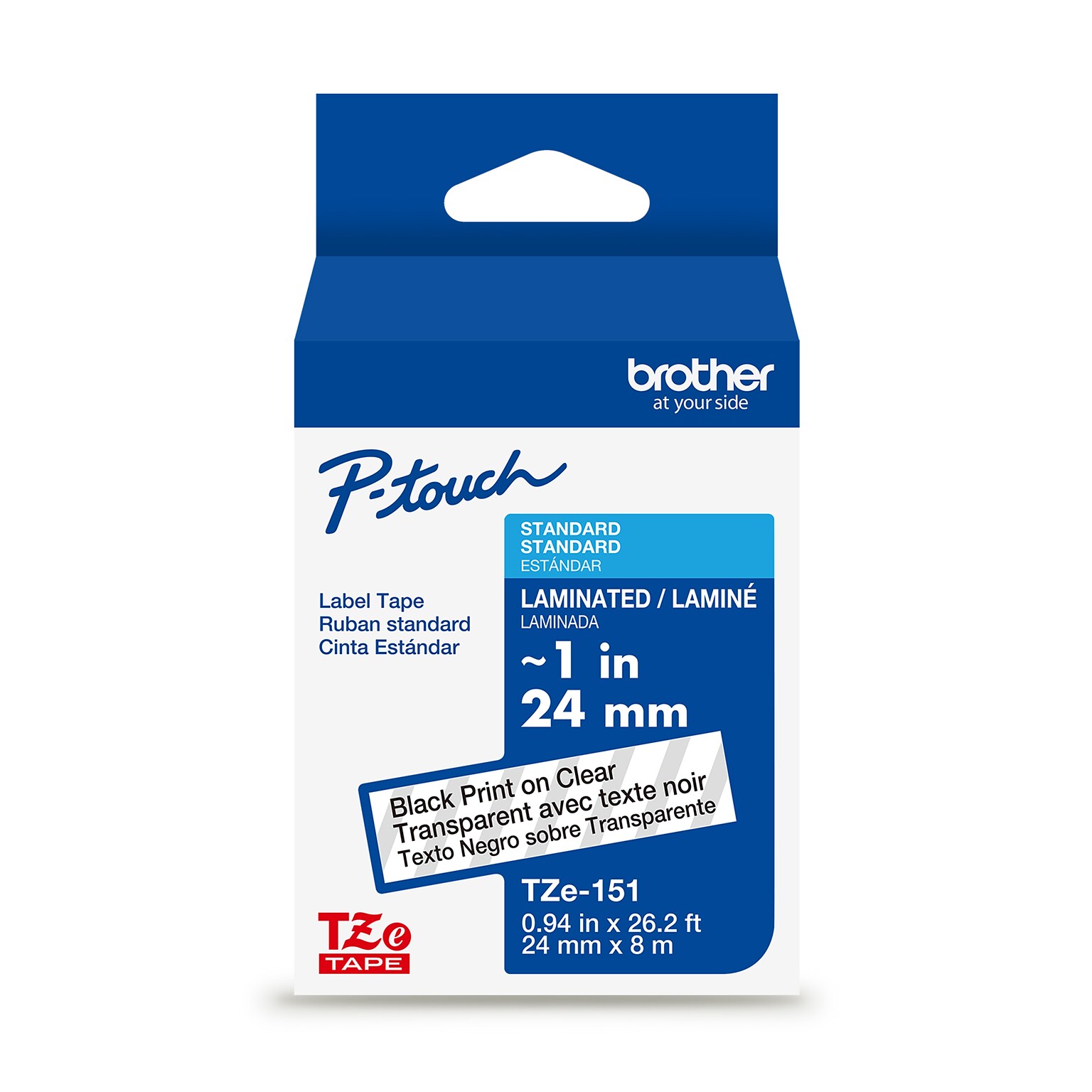 Brother P-touch Laminated Label Tape, ~1 x 26.2, Black on Clear (TZe151)
