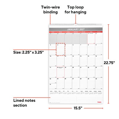 2027 Staples 15.5 x 22.75 Monthly Wall Calendar, White/Red/Gray (ST53925-27)