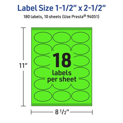Avery Laser/Inkjet Multipurpose Oval Labels, 1.5" x 2.5", Neon Green, 180/Pack (94051)