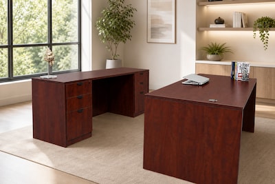 Boss Office Products 71" Desk and Credenza with Dual File Pedestals, Mahogany (GROUPA2-M)