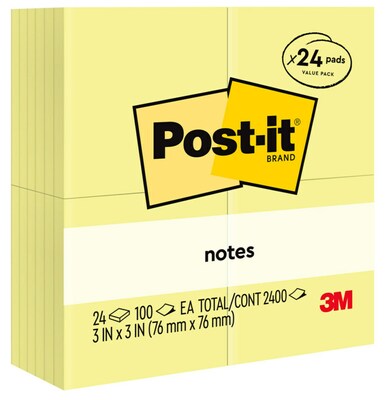 Post-it® Notes, 3 x 3, Canary Yellow, 100 Sheets/Pad, 24 Pads/Pack (654-24VAD-B)