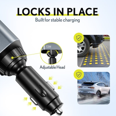 Overtime A50 72W USB-C and USB-A Car Charger with 2 ft Retractable USB-C Cable, Black (OCA50BK)