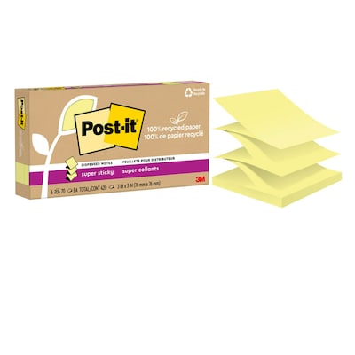 Post-it Recycled Pop-up Super Sticky Notes, 3 x 3, Canary Collection, 70 Sheets/Pad, 6 Pads/Pack (