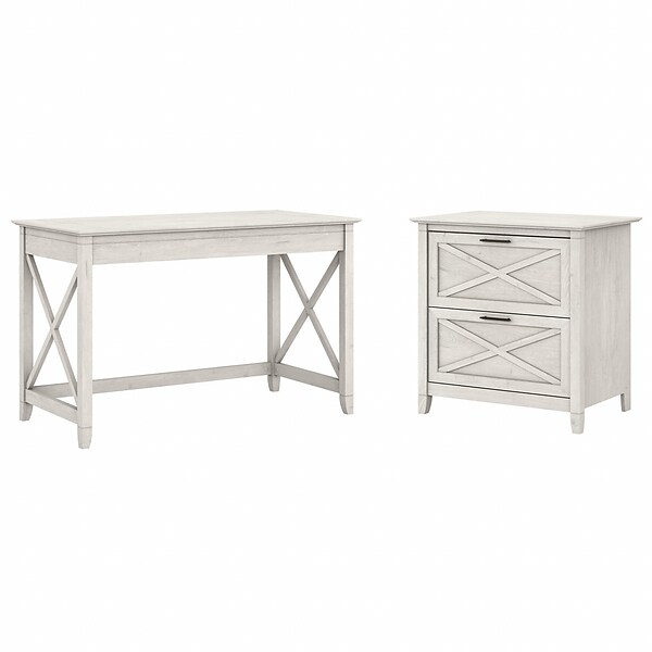 Bush Furniture Key West 48 Writing Desk with File Cabinet, Linen White Oak (KWS003LW)