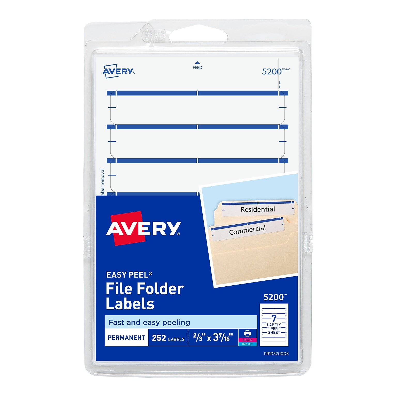Avery Easy Peel Laser/Inkjet File Folder Labels, 2/3 x 3-7/16, White/Blue, 252 Labels/Pack (5200)