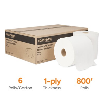 Coastwide Professional™ Hardwound Paper Towel, 1-Ply, White, 800/Roll, 6 Rolls/Carton (CW21811)