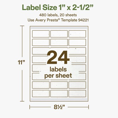 Avery Hemp Rectangle Laser/Inkjet Multipurpose Labels, 1" x 2-1/2", Off-White (480/Pack)