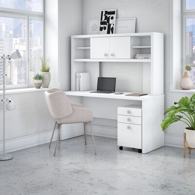 Office by kathy ireland® Echo Credenza Desk with Hutch and Mobile File Cabinet, Pure White/Pure Whit