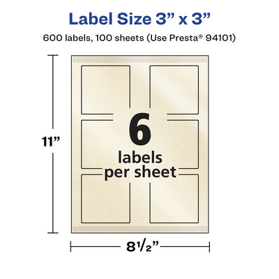 Avery Pearlized Ivory Square Multipurpose Labels, 3" x 3", Ivory, 600/Box (94101)