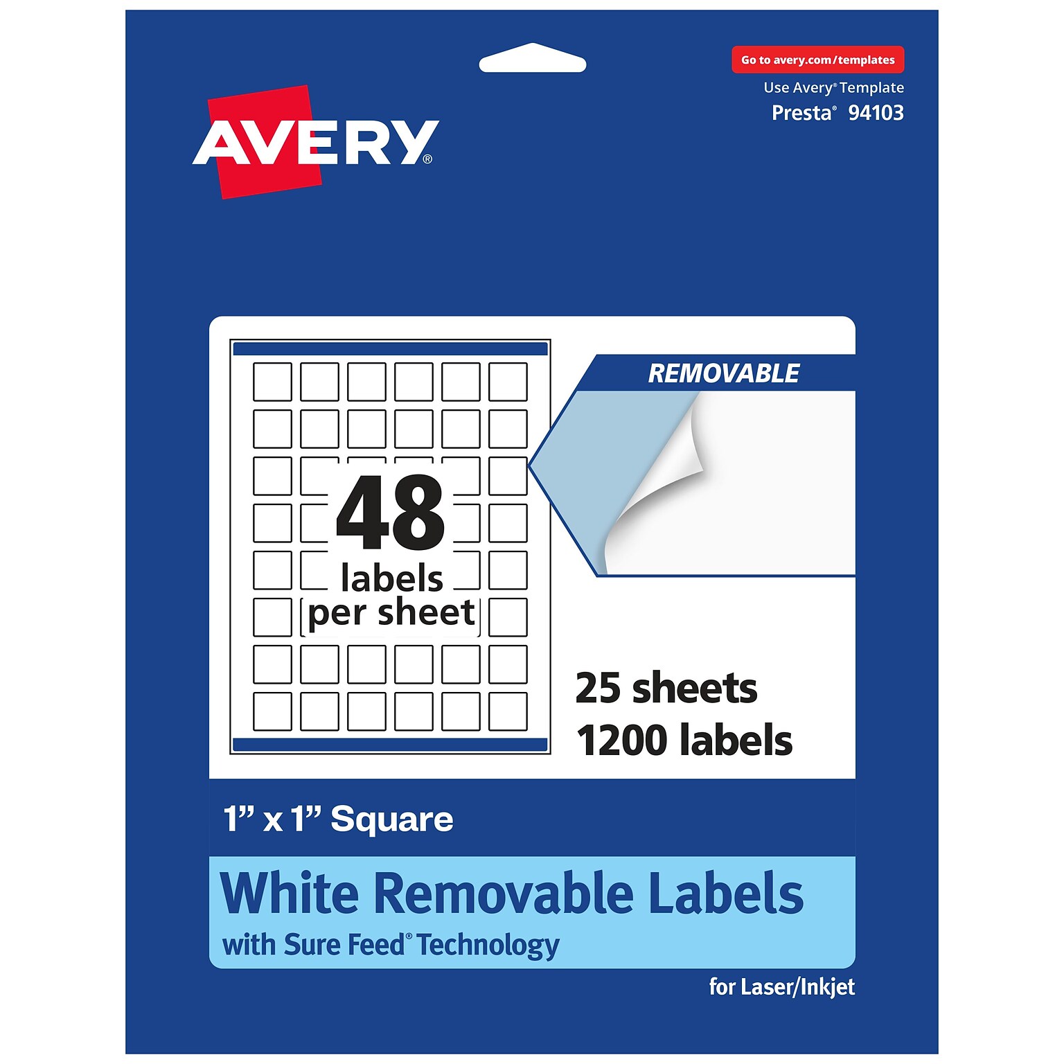 Avery Laser/Inkjet Square Removable Labels, 1 x 1, White, 1,200 Labels/Pack (94103)