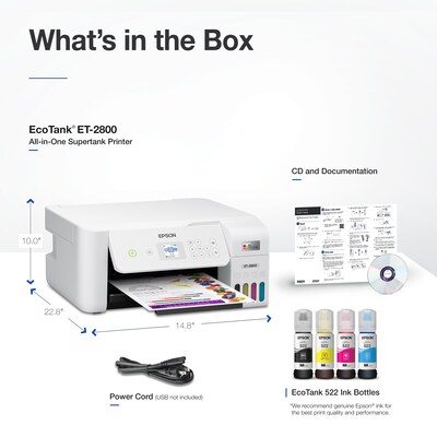 Epson EcoTank ET-2800-W Wireless Color Inkjet Printer, All-In-One Supertank, Print, Scan, Copy (9472539)