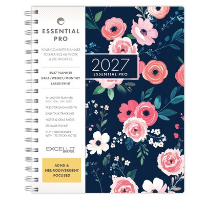 2027 Excello Brands Essential Pro 7 x 9 Weekly & Monthly Planner, Small Navy Floral (ESPRO-CY27-79-84)