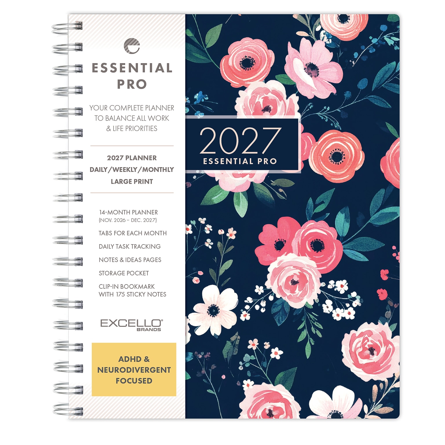 2027 Excello Brands Essential Pro 7 x 9 Weekly & Monthly Planner, Small Navy Floral (ESPRO-CY27-79-84)