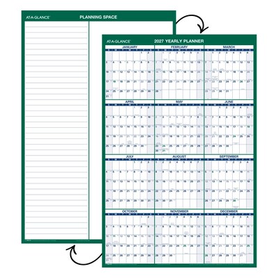 2027 AT-A-GLANCE 24" x 36" Yearly Dry Erase Wall Calendar, Reversible, White/Green (PM210-28-27)