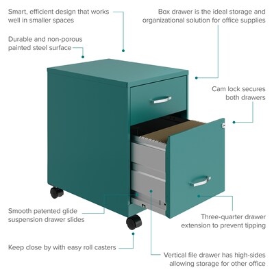 Space Solutions 18" 2-Drawer Mobile Verticle File Cabinet with Accessory Drawer, Letter Width, Teal (25937)