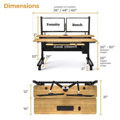 VersaDesk Foundry Bench 48"W Electric Rectangular Adjustable Standing Desk, Bamboo/Black (FB4830-BNB-APP)
