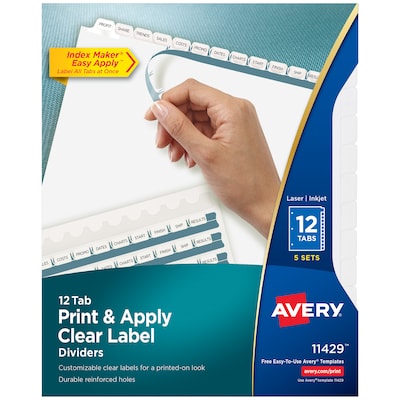 Avery Index Maker Paper Dividers with Print & Apply Label Sheets, 12 Tabs, White, 5 Sets/Pack (11429