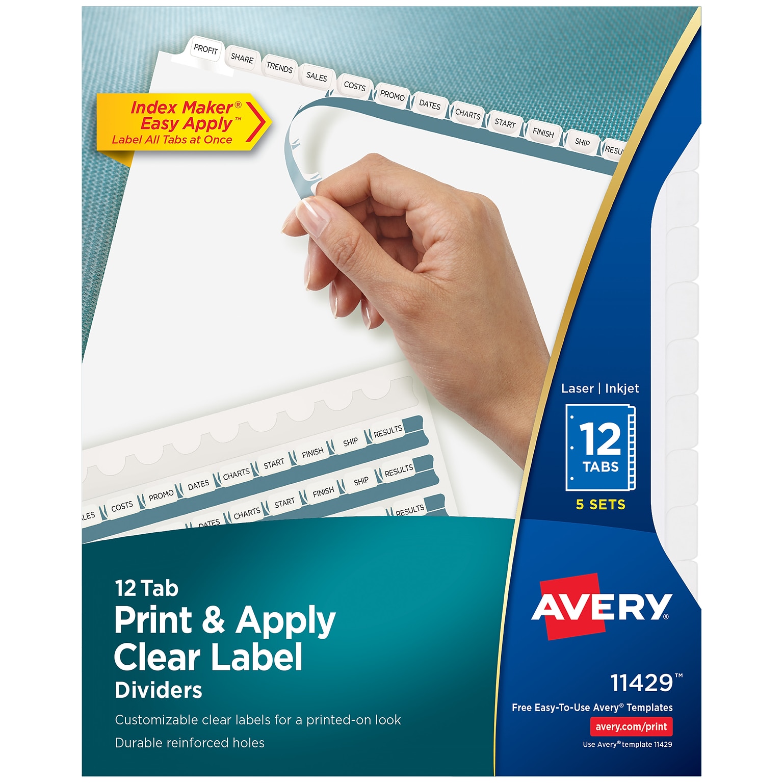 Avery Index Maker Paper Dividers with Print & Apply Label Sheets, 12 Tabs, White, 5 Sets/Pack (11429)