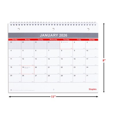 2026 Staples 11" x 8" Monthly Wall Calendar, White/Red/Gray (ST53915-26)