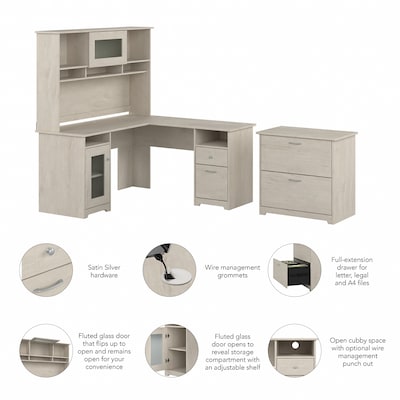 Bush Furniture Cabot 60"W L Shaped Computer Desk with Hutch and Lateral File Cabinet, Linen White Oak (CAB005LW)