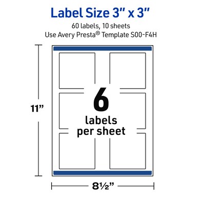 Avery Laser/Inkjet Square Multipurpose Labels, 3" x 3", White, 60/Pack (S00-F4H)