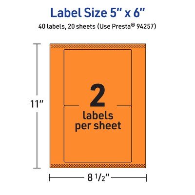 Avery Rectangle Multipurpose Labels, 5" x 6", Bright Orange, 40/Pack (94257)