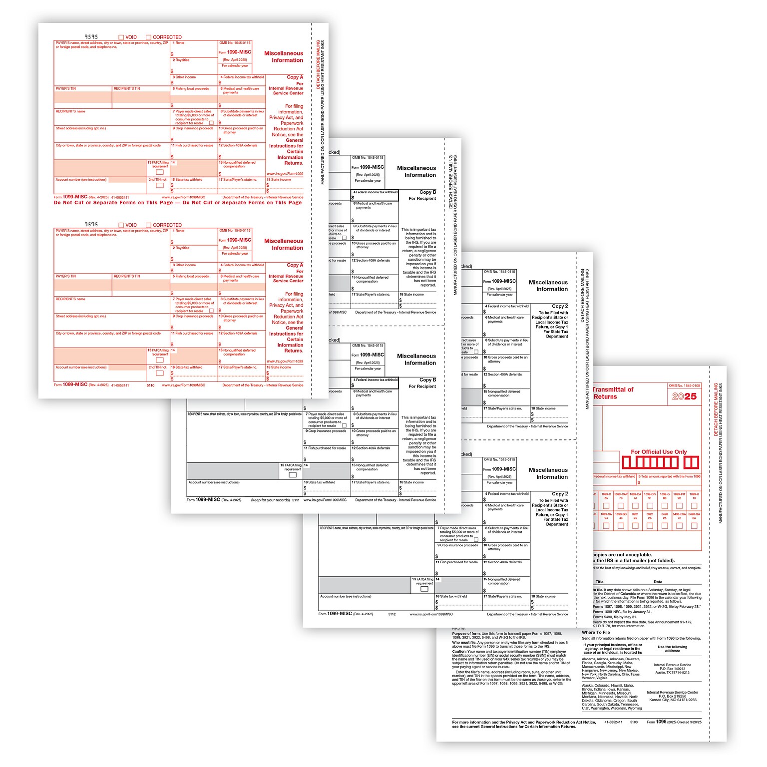 ComplyRight 2025 1099-MISC Tax Form, 4-Part, 2-Up, Copy A, B, C/2, 1096 Transmittal, 100/Pack (6103100)