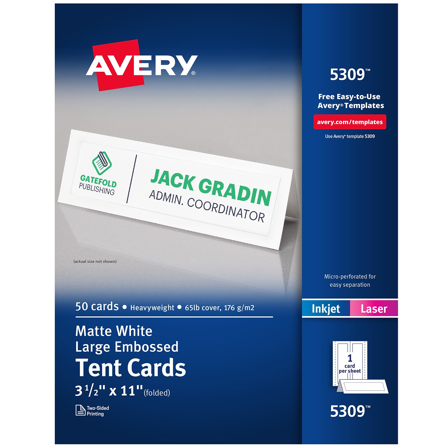 Avery Large Embossed 3.5 x 11  White Matte Table Tent, Inkjet/Laser, 50/Pack (05309)