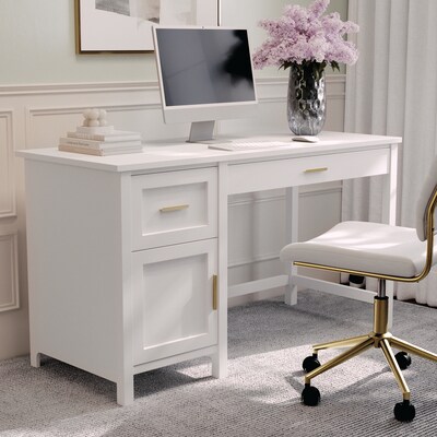 Martha Stewart Hutton 54"W Engineered Wood Rectangular Shaker Style Home Office Desk, White/Polished Brass (ZGZP09WHGLD)