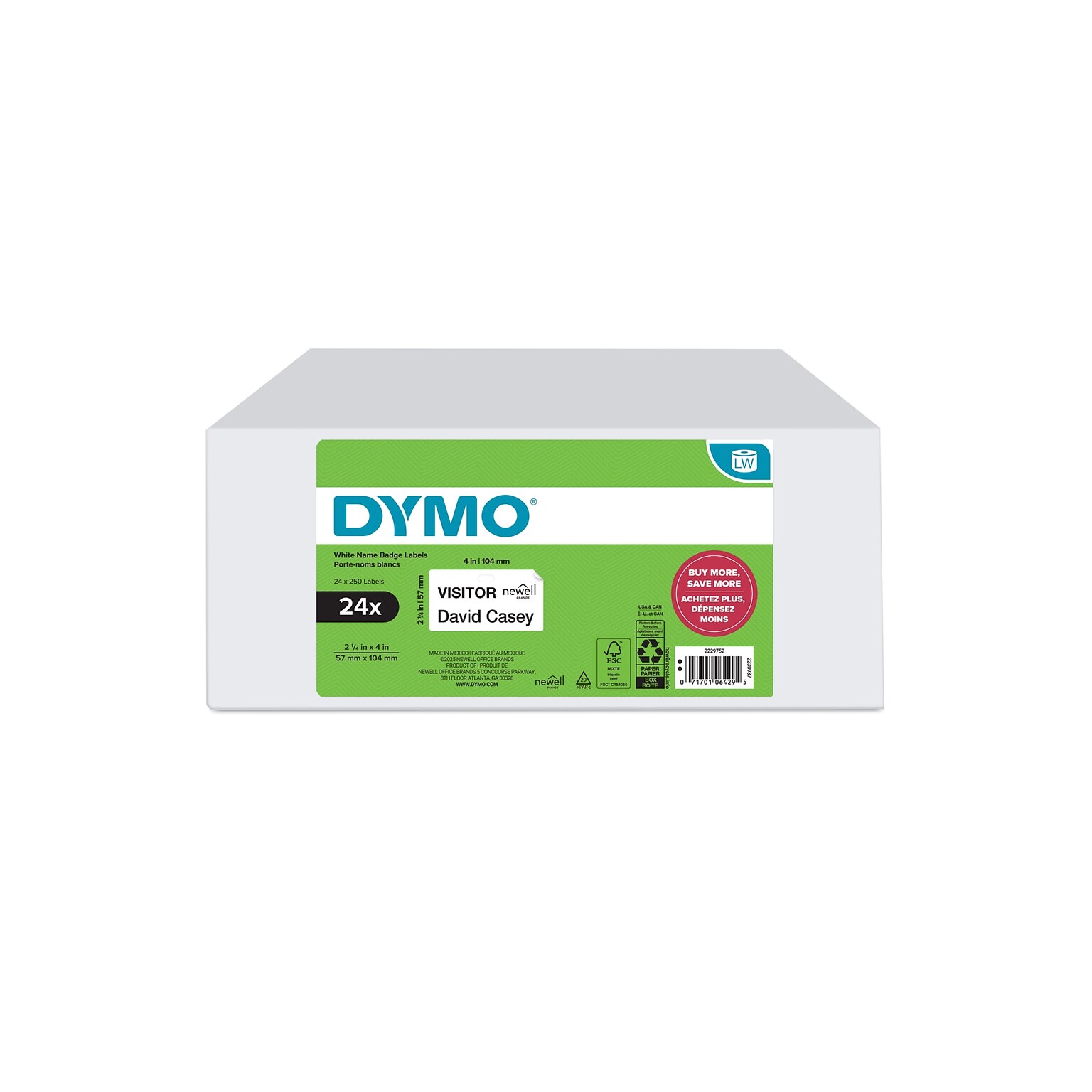 DYMO LabelWriter Large Shipping Labels, 57mm x 104mm, White, 250 Labels/Roll, 24 Rolls/Box (2229752)