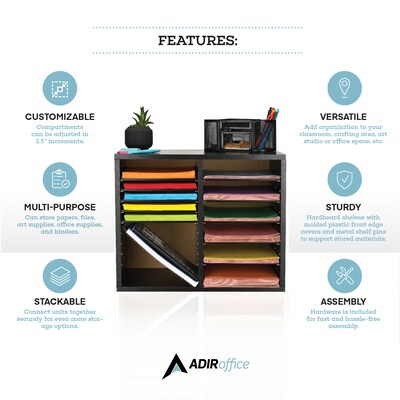 AdirOffice 500 Series 12-Compartment Literature Organizer, 20" x 11.8", Black (500-12-BLK)