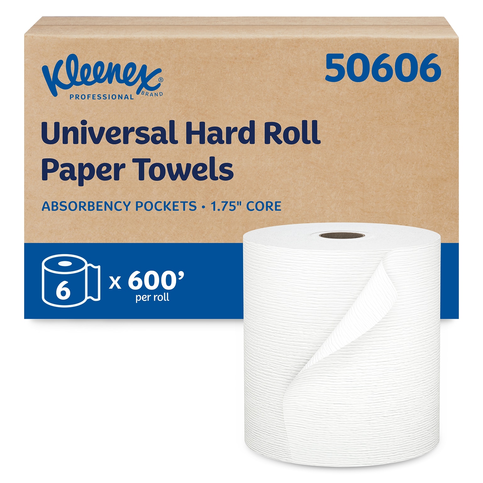 Kleenex Essential Plus+ Recycled Hardwound Paper Towels, 1-ply, 600 ft./Roll, 6 Rolls/Carton (50606)