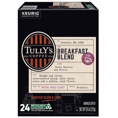 Tully's Breakfast Blend Extra Bold Coffee, Keurig K-Cup Pod, Light Roast, 96/Carton (192719CT)