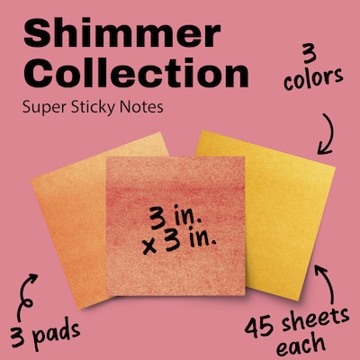 Post-it Shimmer Sticky Notes, 3 x 3, Warm Collection, 45 Sheets/Pad, 3 Pads/Pack (SENS-SN33-WM)