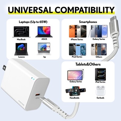 Overtime W27 65W GaN3 USB-C Wall Charger and 60W USB-C 6 ft. Cable Bundle, White (OCHW27WHBD1)